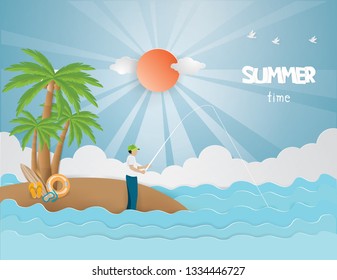 Man fishing in the island on View of Summer Time Holiday with Life ring, Snorkel,RED umbrella and Paddle under the coconut trees on the beach in the Island, illustration style.