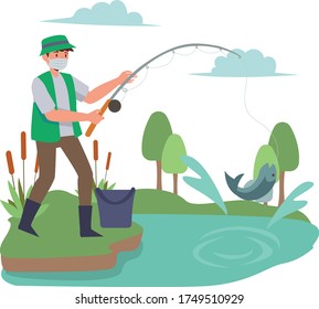 A man fishing at lake alone while using medical mask