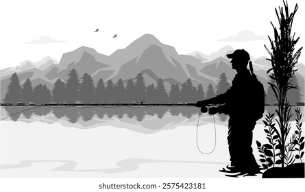 Man fishing in lake.Fly fisherman fishing.graphic fly fishing on white background.vector