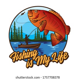 A man is fishing in a lake, with red fish as his target, perfect for badge, pin, emblem, sticker and tshirt design also for fishing tournament event logo