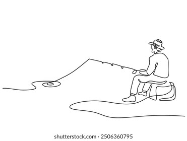 Man fishing for leisure, single continuous line art, vector isolated on white.