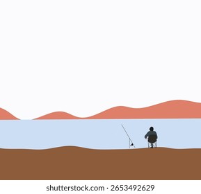 Homem pescando perto do lago descansando e relaxando no fim de semana. Atividade de lazer durante as férias de férias. Arte mínima.