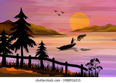 A man fishing with a net at a lake vector design
