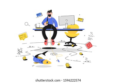 Man fishing in office vector illustration. Guy sitting on table in cabinet and trying catch coins and gold fish flat style concept. Business and increase income concept