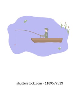 A man is fishing on a boat. Camping. Recreational activities. Hobby. Vector doodle design illustration