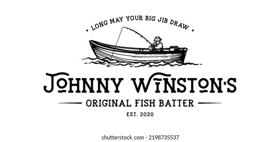 A man fishing  on a boat symbol icon logo vintage. A man fishing  on the river illustration hand drawn logo design.