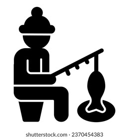 Man fishing on ice solid icon, Winter season concept, Winter activity sign on white background, Ice fishing icon in glyph style for mobile concept and web design. Vector graphics