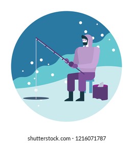 Man fishing on ice. Winter activity. flat icon design. vector illustration