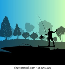 Man fishing on lake near boat vector background landscape