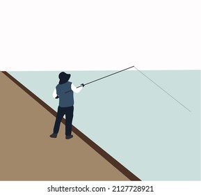 Man fishing on a lake from the pier during summer vacation. Fishing sport, outdoor summer recreation, leisure time. Vector illustration.