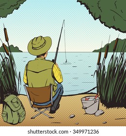 Man Fishing On Lake Pop Art Style Vector Illustration. Comic Book Imitation