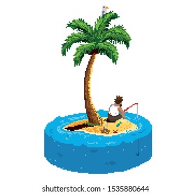 a man fishing on a small island with one palm tree