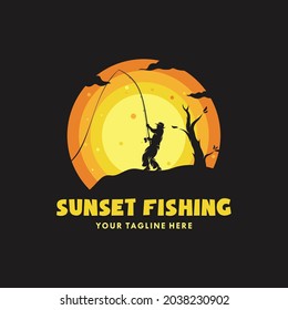 A man fishing on the sunset logo design