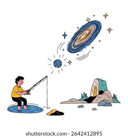 Man fishing in a puddle, attempting to catch a galaxy from the sky.