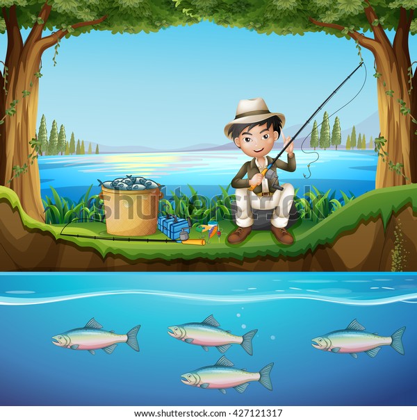 Man Fishing River Illustration Stock Vector (Royalty Free) 427121317 ...