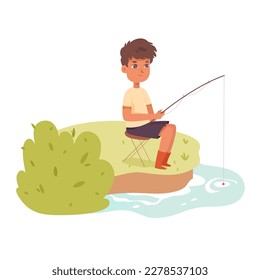 Man fishing in river or lake vector illustration. Cartoon cute boy fisherman sitting on wooden chair with fishing rod in hands to fish in water, summer leisure of young happy fisher character