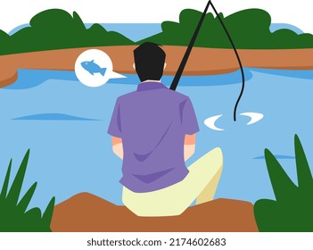 man fishing in the river with fishing rod. back view. fish icon. the concept of hobbies, holidays, activities, nature. flat vector illustration