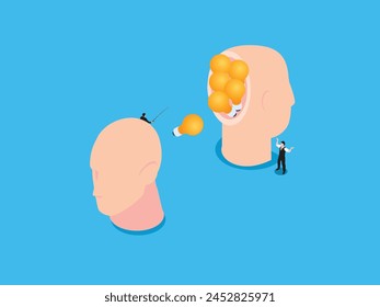 Man with fishing rod blows light bulbs from head 3d isometric vector illustration