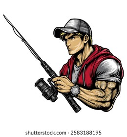 a man with a fishing rod, the character is drawn in full vector so it can be enlarged or printed as needed without reducing quality and the color can be changed to suit your taste.