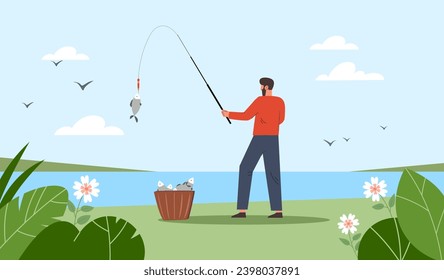 Man with fishing rod concept. Fisherman with basket with prey. Young guy catch fish in lake. Active lifestyle, leisure and rest. Person fishing outdoor. Cartoon flat vector illustration
