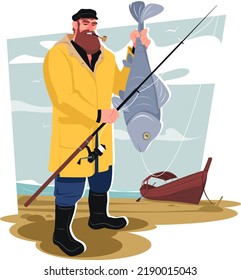 A man fishing with a fishing rod and a fish in his hand returned by boat from the sea. Recreational concept, fishing in the ocean, catch. Stock vector illustration.