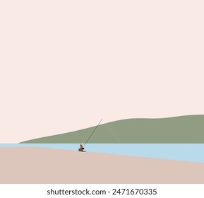 Man fishing with rod on boat pier during the morning light on the lake. summer holidays and people leisure concept