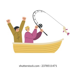 Man Fishing with Rod on Lake Sailing in Boat Vector Illustration