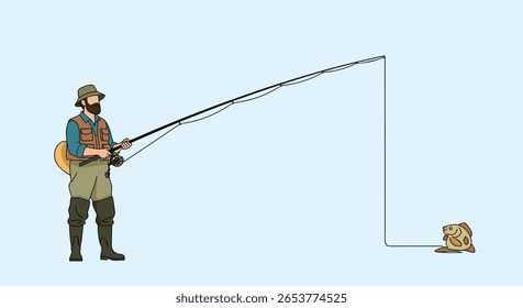 Man fishing with rod and reel on a light blue background
