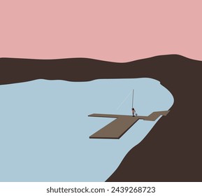 Man fishing with rod, spinning reel on a lake. Outdoor summer recreation, leisure time. Fishing day concept.