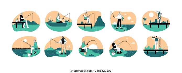 Man fishing with rod and successfully catch icon, outline style, green and orange, vector illustration.