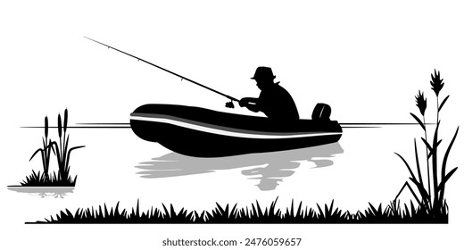 Man fishing from a rubber boat, silhouettes. Vector illustration	
