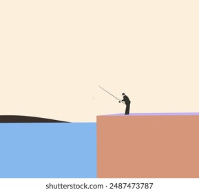Man fishing in the sea while standing on concrete pier. Adventure outdoor, leisure activity holiday or weekend trip.