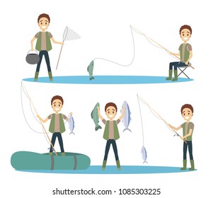 Man fishing set with net, boat and big fish.