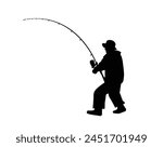Man Fishing silhouette. Vector silhouette of Man fishing on white background. black Man fishing isolated on white background. hand drawn design. vector illustration. Fisherman with fishing rod.