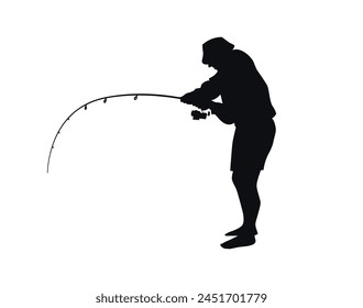 Man Fishing silhouette. Vector silhouette of Man fishing on white background. black Man fishing isolated on white background. hand drawn design. vector illustration. Fisherman with fishing rod.