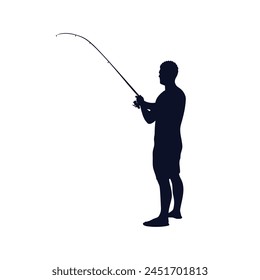 Man Fishing silhouette. Vector silhouette of Man fishing on white background. black Man fishing isolated on white background. hand drawn design. vector illustration. Fisherman with fishing rod.