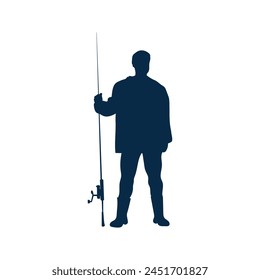 Man Fishing silhouette. Vector silhouette of Man fishing on white background. black Man fishing isolated on white background. hand drawn design. vector illustration. Fisherman with fishing rod.