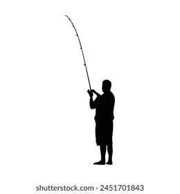 Man Fishing silhouette. Vector silhouette of Man fishing on white background. black Man fishing isolated on white background. hand drawn design. vector illustration. Fisherman with fishing rod.