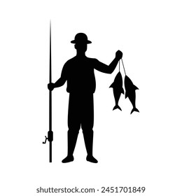Man Fishing silhouette. Vector silhouette of Man fishing on white background. black Man fishing isolated on white background. hand drawn design. vector illustration. Fisherman with fishing rod.