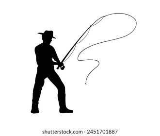 Man Fishing silhouette. Vector silhouette of Man fishing on white background. black Man fishing isolated on white background. hand drawn design. vector illustration. Fisherman with fishing rod.