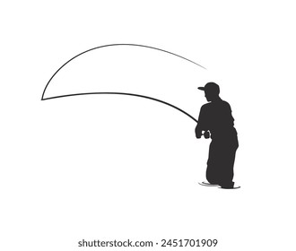 Man Fishing silhouette. Vector silhouette of Man fishing on white background. black Man fishing isolated on white background. hand drawn design. vector illustration. Fisherman with fishing rod.