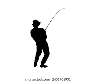 Man Fishing silhouette. Vector silhouette of Man fishing on white background. black Man fishing isolated on white background. hand drawn design. vector illustration. Fisherman with fishing rod.