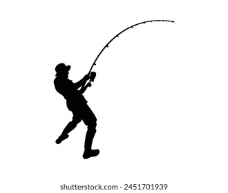 Man Fishing silhouette. Vector silhouette of Man fishing on white background. black Man fishing isolated on white background. hand drawn design. vector illustration. Fisherman with fishing rod.