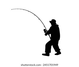 Hombre Pesca silueta. Vector silueta de hombre pescando sobre fondo blanco. hombre negro pescando aislado sobre fondo blanco. diseño dibujado a mano. Ilustración vectorial. Pescador con caña.