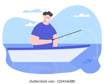 Man is fishing, sitting in a boat in the sea. Fisherman is a tourist, amateur active hobby. Odd character on a blue background. Vector illustration.