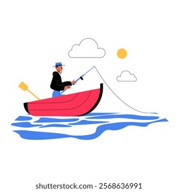 Man Fishing In A Small Red Boat On A Calm Lake Under Clear Sky In Flat Vector Illustration Symbolizing Relaxation, Leisure, And Outdoor Activity, Isolated On White Background.