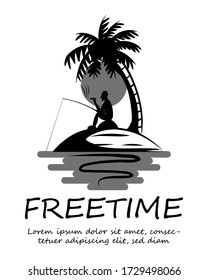 A man are fishing and smoking comfortably. On an island in the middle of the sea that has coconut trees.