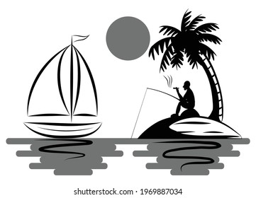 A man are fishing and smoking comfortably. On an island in the middle of the sea that has coconut trees. And there is a sailboat floating next to it