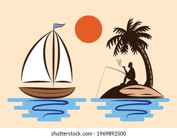 A man are fishing and smoking comfortably. On an island in the middle of the sea that has coconut trees. And there is a sailboat floating next to it