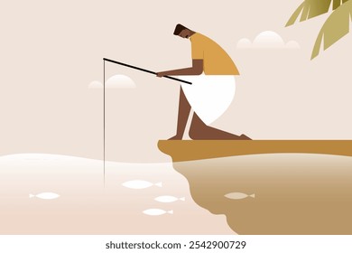 A man fishing in the water using a traditional fishing rod